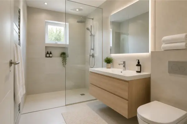 Replace a Shower Curtain with a Clear Glass Panel Styled to Glow the Replace a Shower Curtain with a Clear Glass Panel