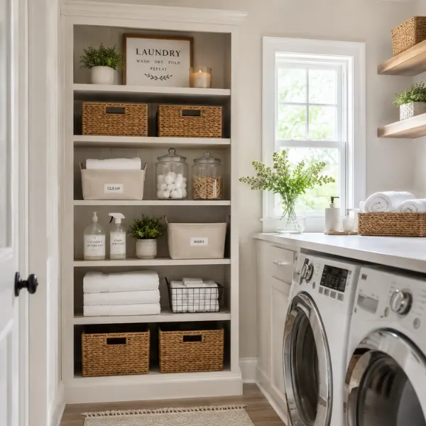 Repurposed Bookshelf as a Laundry Supply Station Styled to Glow the Repurposed Bookshelf as a Laundry Supply Station