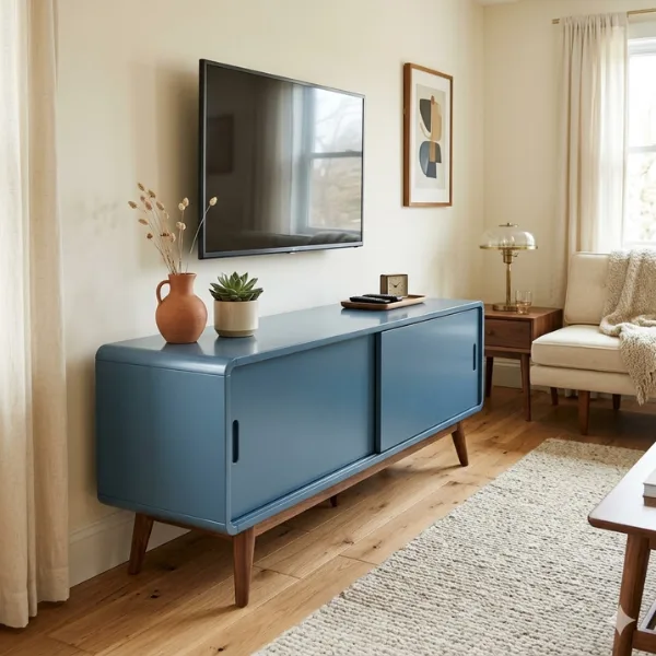 Retro 1955 Inspired Blue Lacquer MCM TV Cabinet Styled to Glow the Retro 1955 Inspired Blue Lacquer MCM TV Cabinet