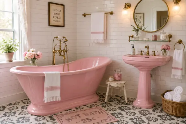 Retro Pink Tub or Fixtures for Vintage Flair Styled to Glow the Retro Pink Tub or Fixtures for Vintage Flair