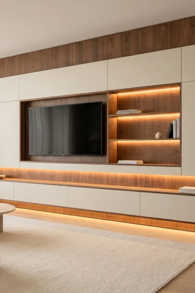 Ribbed Panel Wall in Cream with Warm Wood TV Frame and Recessed Lighting Styled to Glow the Ribbed Panel Wall in Cream with Warm Wood TV Frame and Recessed Lighting
