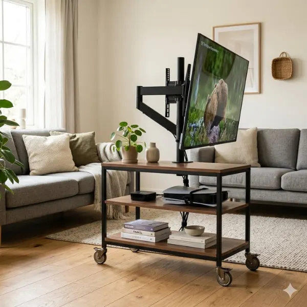 Rolling Wheeled TV Stand with Swivel Screen Mount Styled to Glow the Rolling Wheeled TV Stand with Swivel Screen Mount