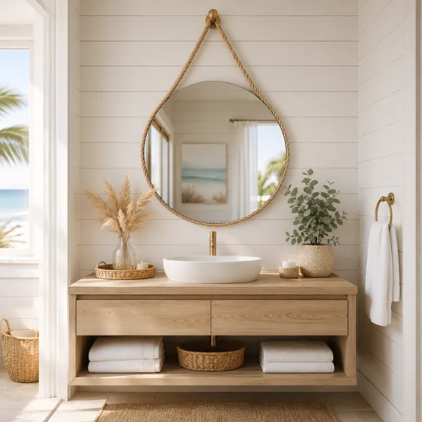 the Rope Hung Round Mirror for a Coastal Vibe