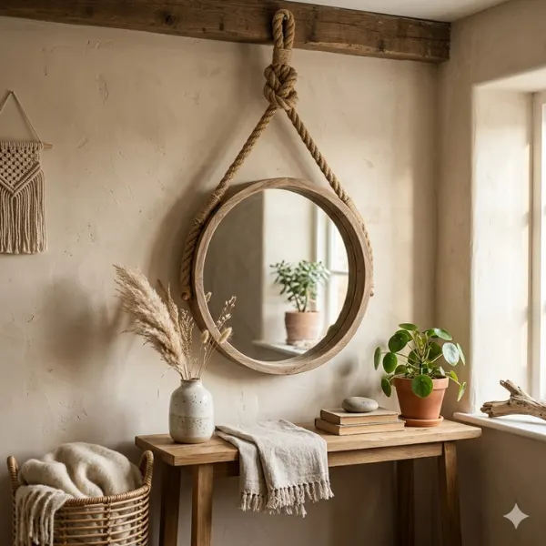 Rope Hung Rustic Mirror Styled to Glow the Rope Hung Rustic Mirror