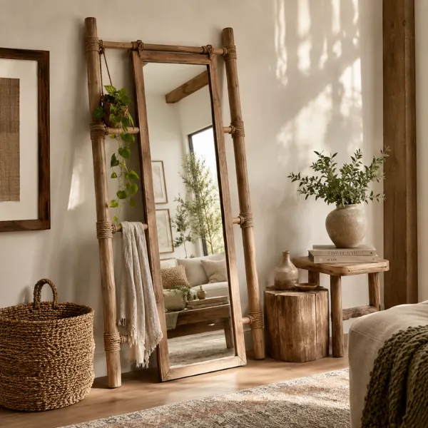 Rope Suspended Ladder Frame Leaning Mirror Styled to Glow the Rope Suspended Ladder Frame Leaning Mirror
