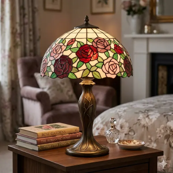 the Rose Garden Stained Glass Table Lamp Small