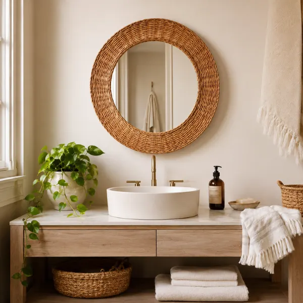 Round Mirror with a Rattan or Wicker Frame Styled to Glow the Round Mirror with a Rattan or Wicker Frame
