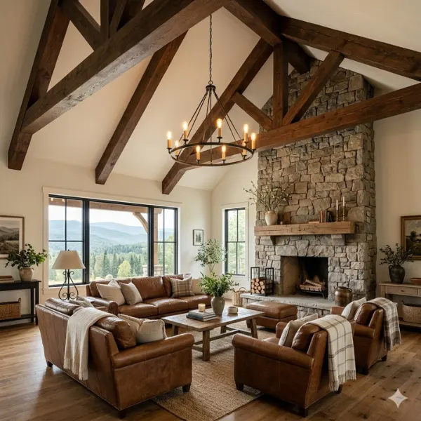 Rustic Exposed Timber Beam Vaulted Living Room Styled to Glow the Rustic Exposed Timber Beam Vaulted Living Room