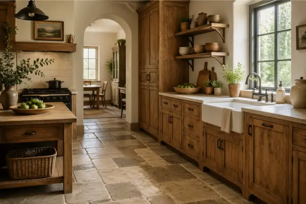 Rustic Kitchen With Stone Flooring and Wood Cabinets Styled to Glow the Rustic Kitchen With Stone Flooring and Wood Cabinets