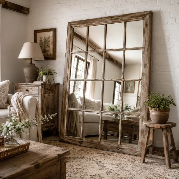 Rustic Reclaimed Wood Windowpane Floor Mirror Styled to Glow the Rustic Reclaimed Wood Windowpane Floor Mirror