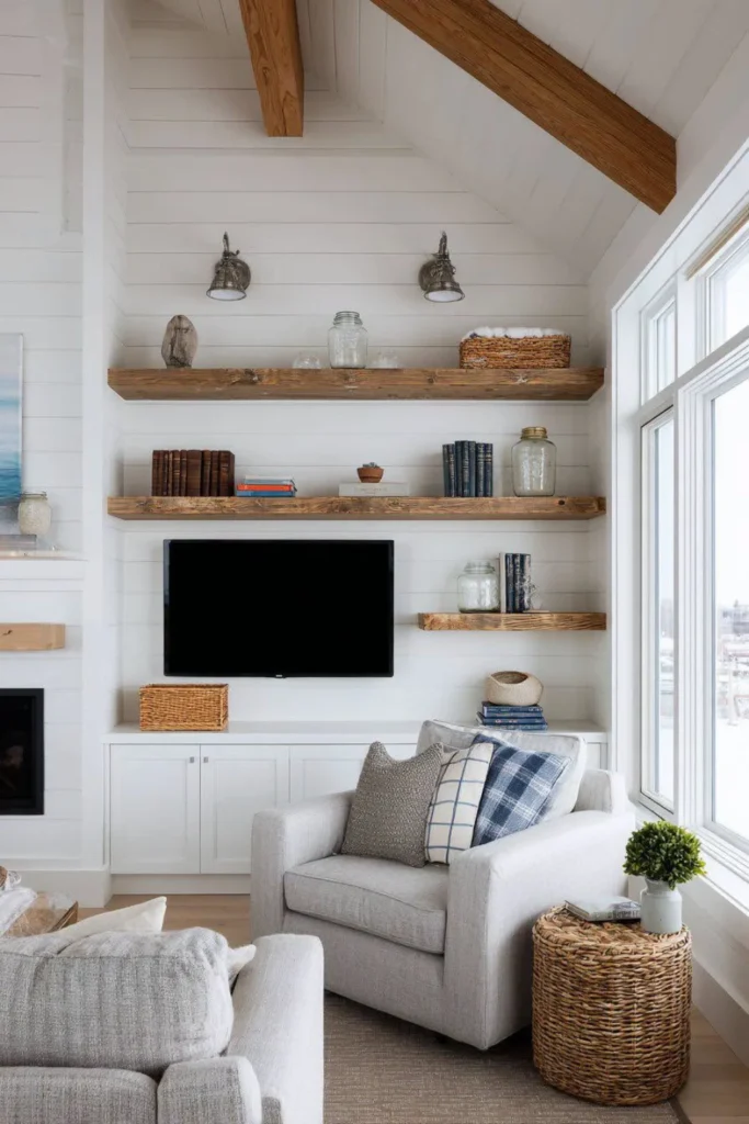 Rustic Shiplap TV Wall with Warm White Farmhouse Styling Styled to Glow the Rustic Shiplap TV Wall with Warm White Farmhouse Styling