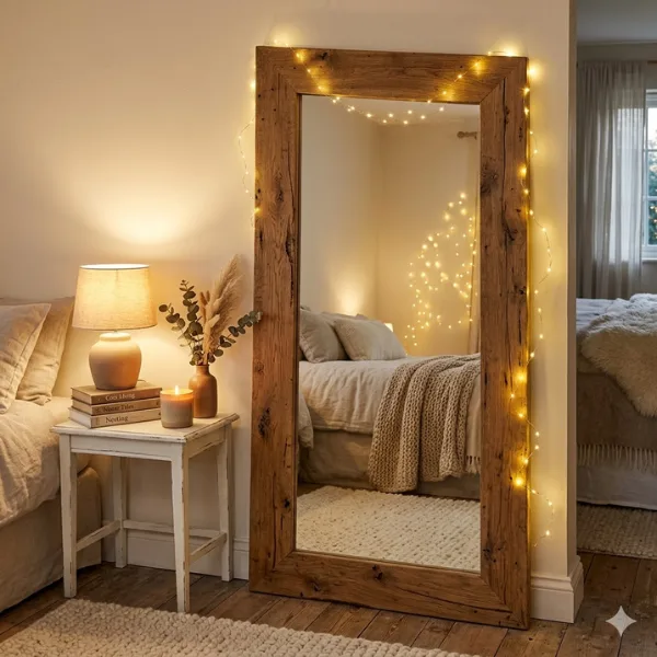 Rustic Wood Framed Mirror with Fairy Lights Styled to Glow the Rustic Wood Framed Mirror with Fairy Lights