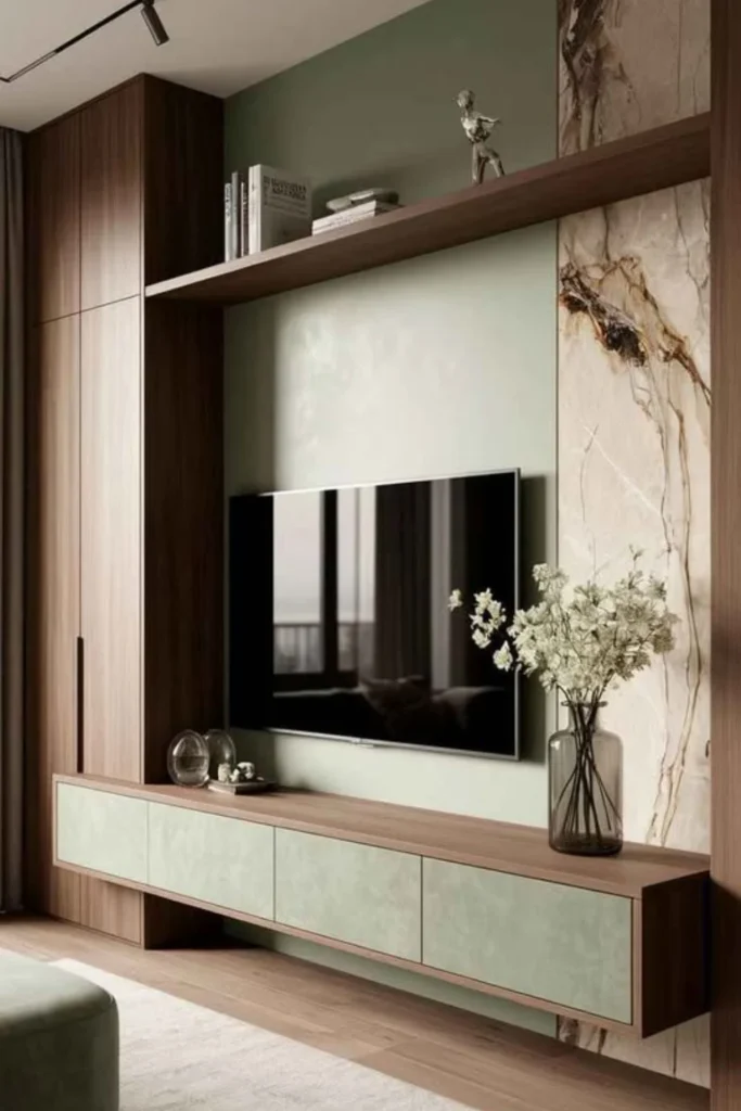 Sage Green Built In Cabinetry with Geometric Wood Pattern Accent Styled to Glow the Sage Green Built In Cabinetry with Geometric Wood Pattern Accent