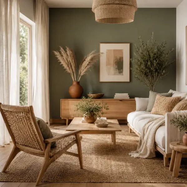 Sage Green Feature Wall with Rattan Natural Wood Styled to Glow Sage Green Feature Wall with Rattan and Natural Wood