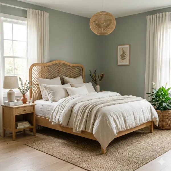 Sage Green Sanctuary with Rattan Linen Styled to Glow the Sage Green Sanctuary with Rattan Linen