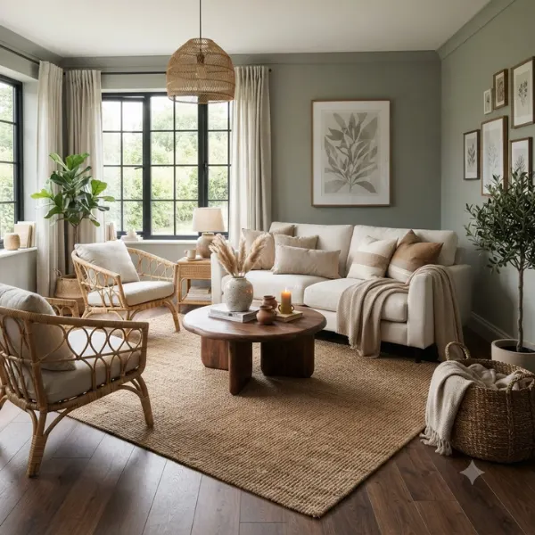 Sage Green Walls with Natural Linen and Rattan Styled to Glow the Sage Green Walls with Natural Linen and Rattan