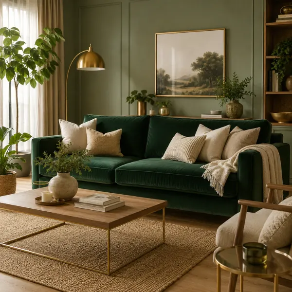 Sage Green Walls with a Velvet Emerald Sofa Styled to Glow Sage Green Walls with a Velvet Emerald Sofa
