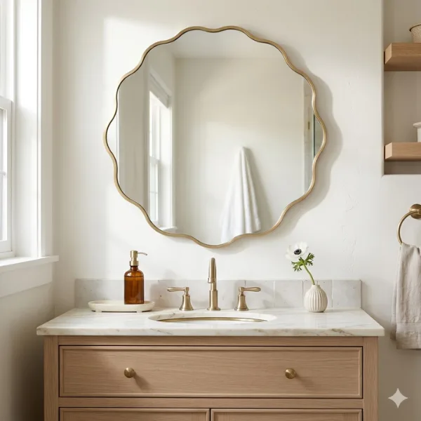 the Scalloped Edge Round Mirror Over a Bathroom Vanity