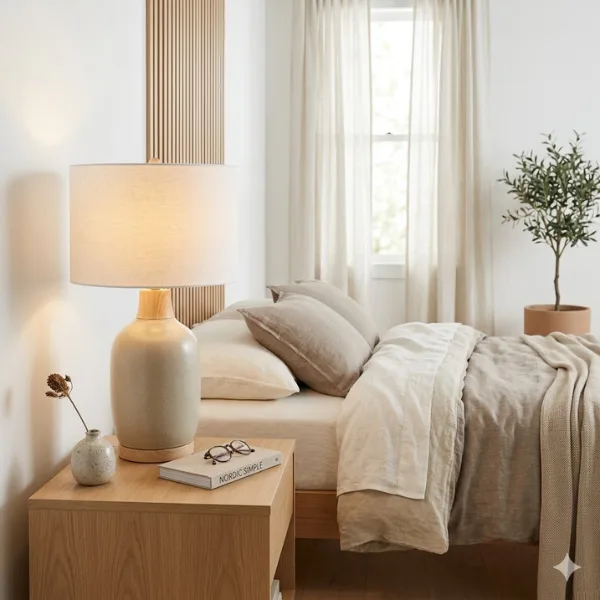Scandi Bottle Shaped Ceramic Wood Accent Lamp Styled to Glow the Scandi Bottle Shaped Ceramic Wood Accent Lamp