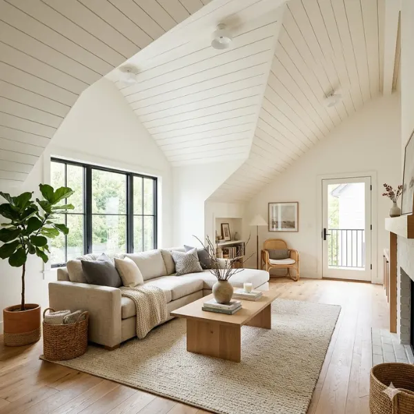 Scandinavian Shiplap Vaulted Ceiling Living Room Styled to Glow the Scandinavian Shiplap Vaulted Ceiling Living Room