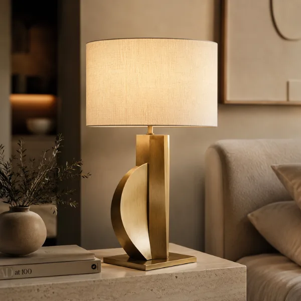 Sculptural Brass Linen Shade Lamp Styled to Glow the Sculptural Brass Linen Shade Lamp