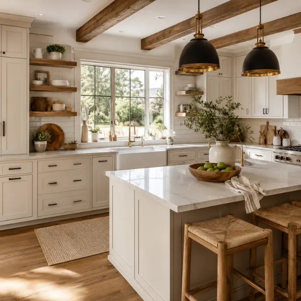 Shaker Cabinet Kitchen with Quartz Countertops and a Farmhouse Sink Styled to Glow the Shaker Cabinet Kitchen with Quartz Countertops and a Farmhouse Sink
