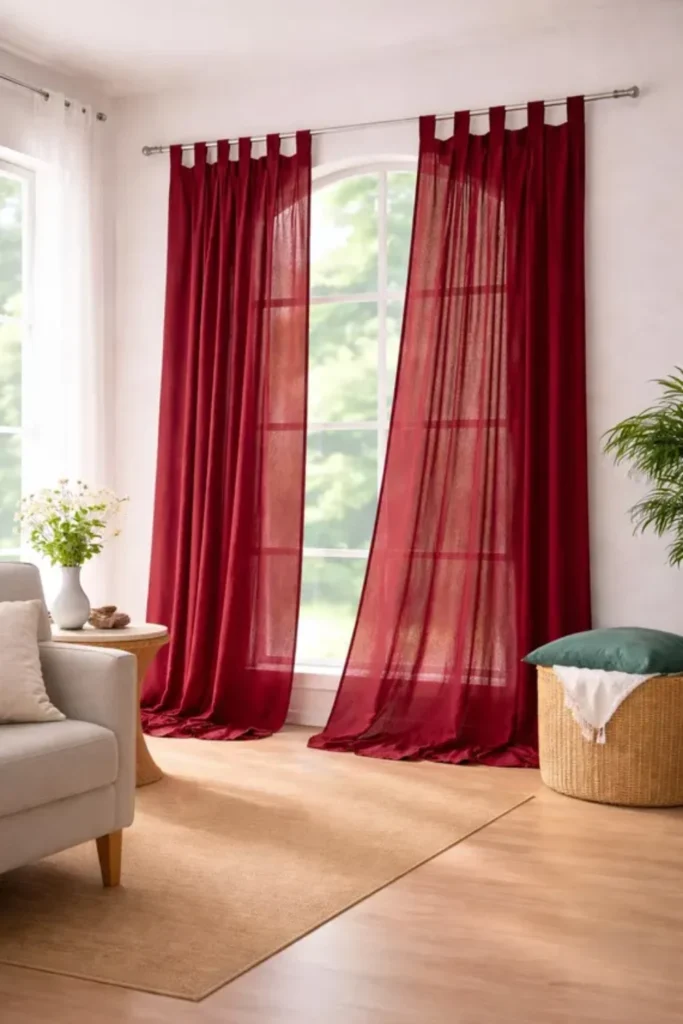 Sheer Red Voile Panels Styled to Glow the Sheer Red Voile Panels