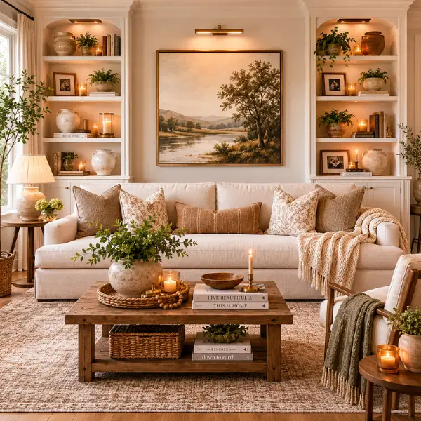 Shelves Framing a Sofa Wall Styled to Glow the Shelves Framing a Sofa Wall