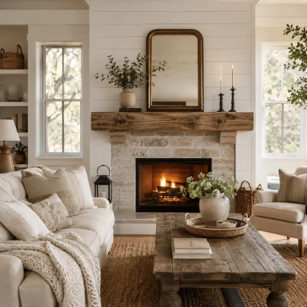 Shiplap Accent Wall with a Reclaimed Wood Mantel Styled to Glow the Shiplap Accent Wall with a Reclaimed Wood Mantel