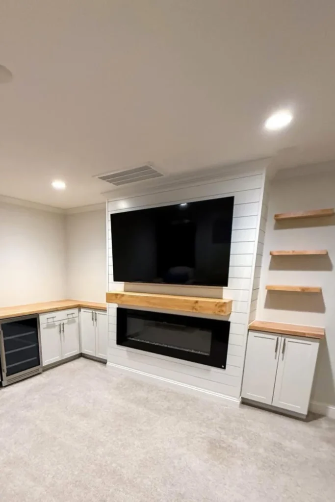 Shiplap Fireplace with TV Above and Built In Cabinetry Styled to Glow the Shiplap Fireplace with TV Above and Built In Cabinetry