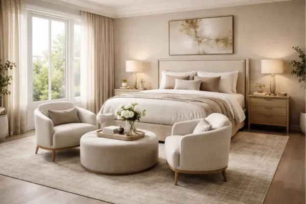 Sitting Area at the Foot of the Bed Styled to Glow the Sitting Area at the Foot of the Bed