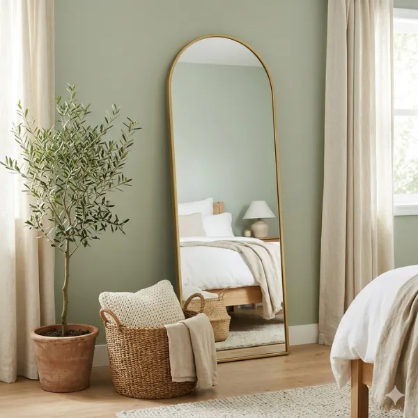 Slim Gold Arched Mirror in a Sage Green Corner Styled to Glow the Slim Gold Arched Mirror in a Sage Green Corner