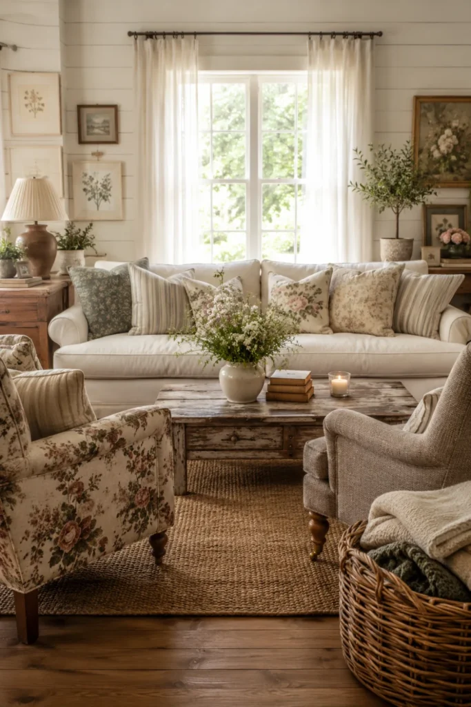 the Slipcovered Linen Sofa with Mismatched Armchairs