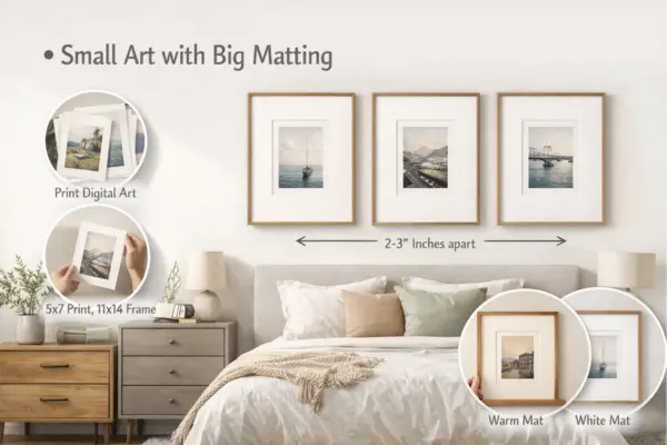Small Art with Big Matting on bedroom wall Styled to Glow the Small Art with Big Matting on bedroom wall