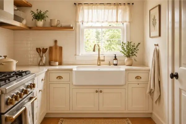 Small Cream Kitchen With a Deep Apron Front Sink Styled to Glow the Small Cream Kitchen With a Deep Apron Front Sink
