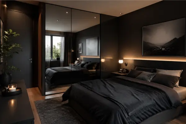 the Small Dark Bedroom with Mirrors