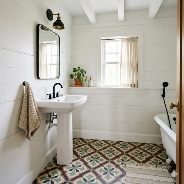 the Small Farmhouse Bathroom with Bold Tile