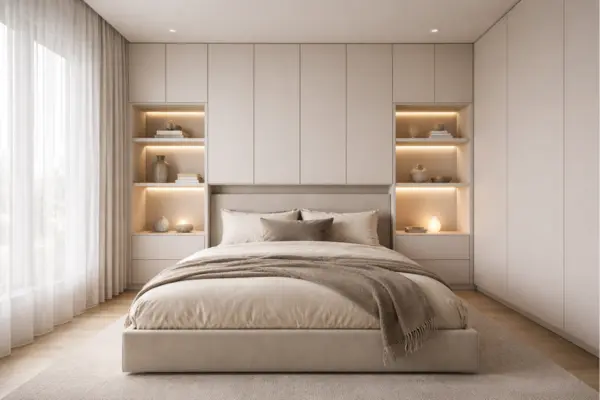 Small Luxury Bedroom With Built In Wall Storage Styled to Glow the Small Luxury Bedroom With Built In Wall Storage