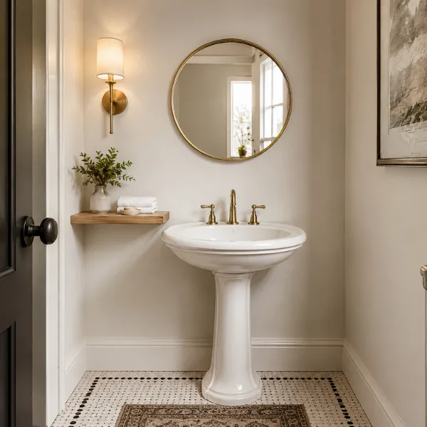 Small Round Mirror Above a Pedestal Sink Styled to Glow the Small Round Mirror Above a Pedestal Sink