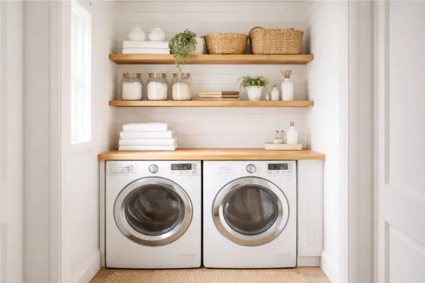 Small White Farmhouse Laundry Nook with a Wood Counter Styled to Glow the Small White Farmhouse Laundry Nook with a Wood Counter