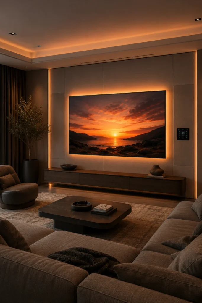 Smart Media Wall with Hidden Speakers Voice Control Panel and LED Sync Lighting Styled to Glow the Smart Media Wall with Hidden Speakers Voice Control Panel and LED Sync Lighting