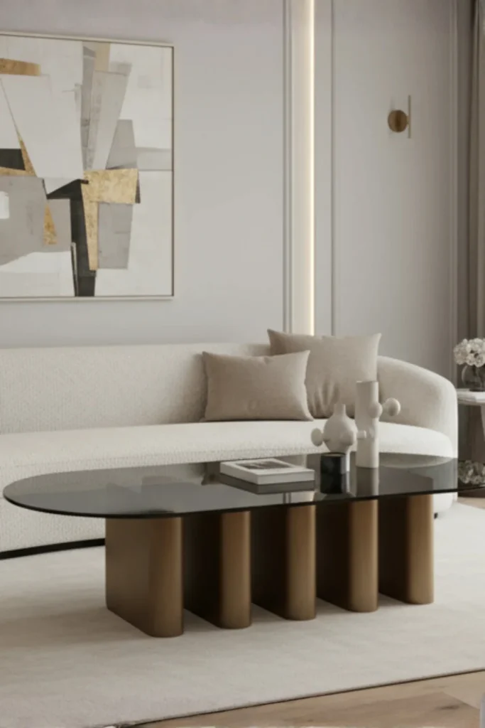 the Smoked Glass Oval Table with Brass Sculptural Base