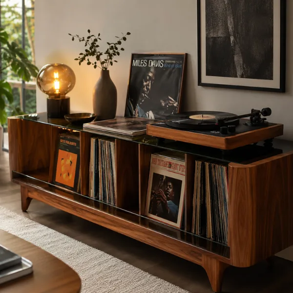 Smoked Glass and Teak Media Console with Vinyl Storage Styled to Glow the Smoked Glass and Teak Media Console with Vinyl Storage