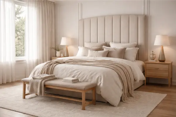 Soft Neutral Suite With a Tall Upholstered Headboard Styled to Glow the Soft Neutral Suite With a Tall Upholstered Headboard