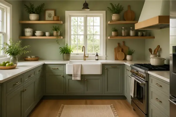 Soft Sage Green Kitchen With Wooden Shelves Styled to Glow the Soft Sage Green Kitchen With Wooden Shelves