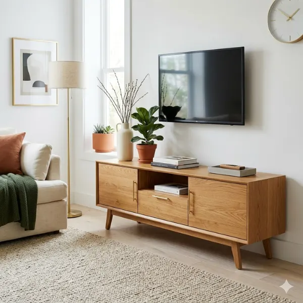 Solid Oak MCM TV Stand with Brass Hardware Styled to Glow the Solid Oak MCM TV Stand with Brass Hardware