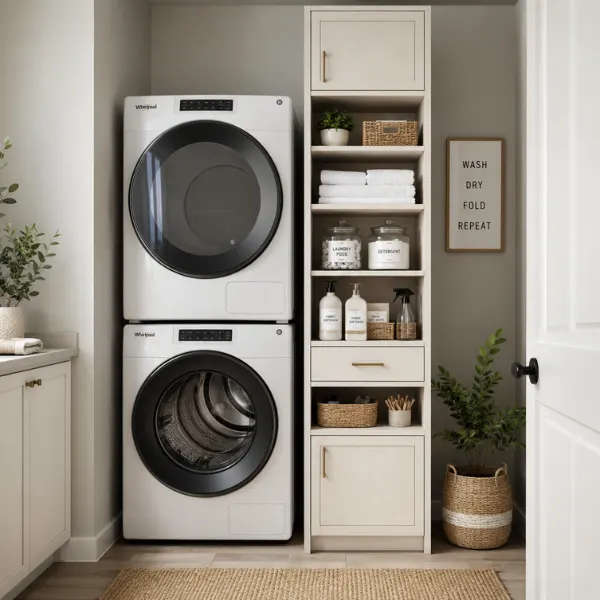 Stackable Washer Dryer with Side Storage Tower Styled to Glow the Stackable Washer Dryer with Side Storage Tower