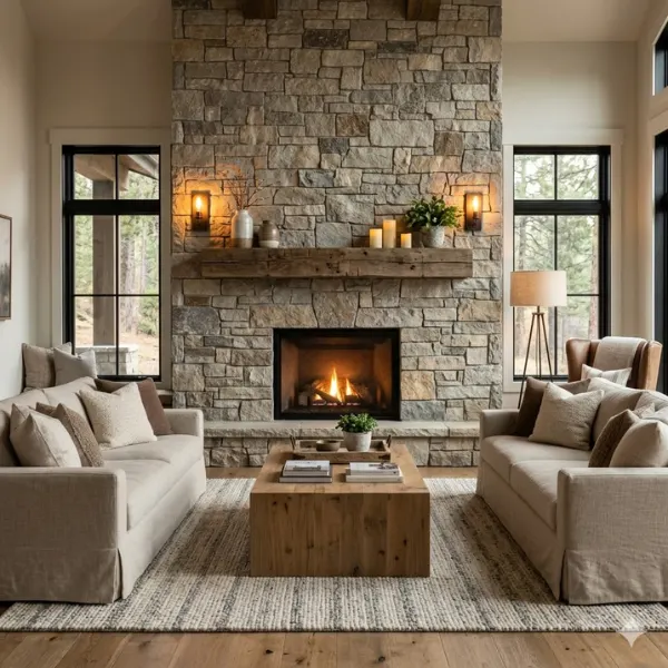 Stacked Stone Fireplace Focal Point Styled to Glow the Stacked Stone Fireplace Focal Point