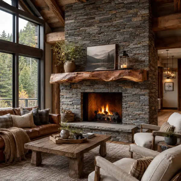 Stacked Stone Fireplace with Live Edge Wood Mantel Styled to Glow the Stacked Stone Fireplace with Live Edge Wood Mantel