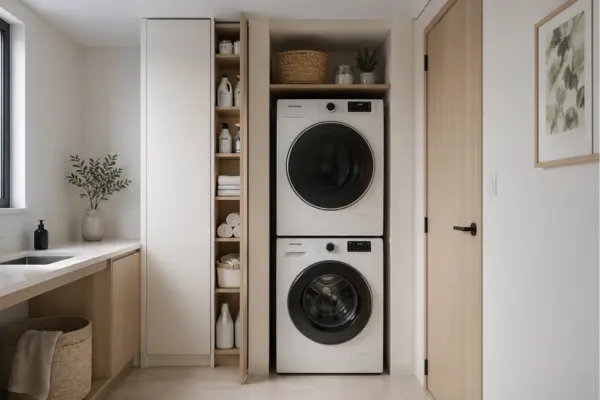 Stacked washer and dryer with tall side storage Styled to Glow the Stacked washer and dryer with tall side storage